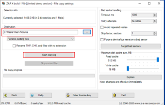 復元設定画面内の「Destination」で復元先フォルダを指定→[Start copying]をクリック