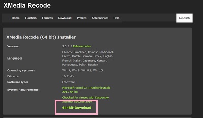 XMedia Recodeのダウンロードサイトの「64-Bit Download」をクリック