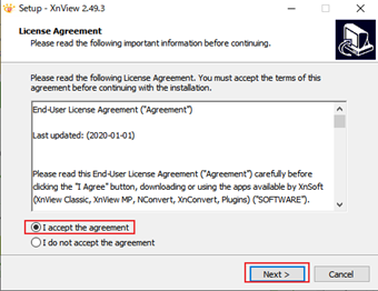 ライセンスの同意画面で[I accept the agreement]を選択して次に進む