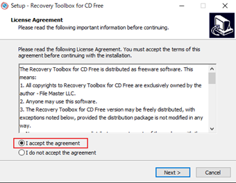 ライセンスの同意画面で[I accept the agreement]を選択して[Next]をクリック