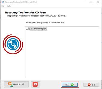 CDがCD Recovery Toolbox Freeに認識されたら[Next]をクリック