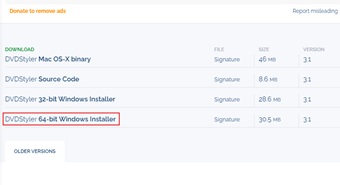 「DOWNLOAD」の[DVDStyler 64-bit Windows Installer]をクリック