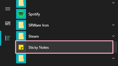 スタートメニューを開き、「すべてのアプリ」から「Sticky Notes」をクリック