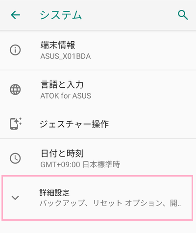 システムの項目一覧の「詳細設定」をタップ