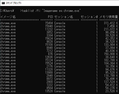 「tasklist /fi "Imagename eq （プログラム名）.exe"」でフィルタリングする