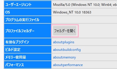 「プロファイルフォルダー」項目の「フォルダーを開く」ボタンをクリック