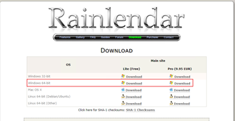 Rainlendar Liteのダウンロード画面