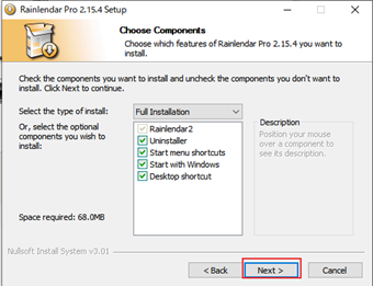 コンポーネント(オプション)の選択画面