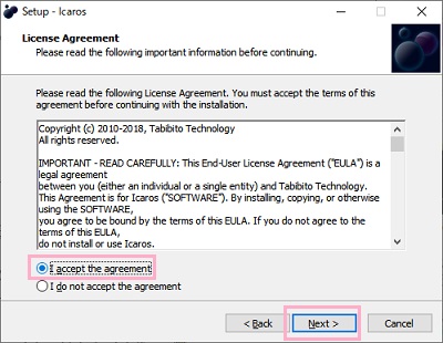 ライセンス条項の表示の「I accept the agreement」をクリックして「Next」をクリック