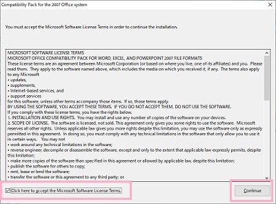 FileFormatConverters.exeの「Click here to accept the Microsoft Software License Terms.」をオンにして「Continue」をクリック