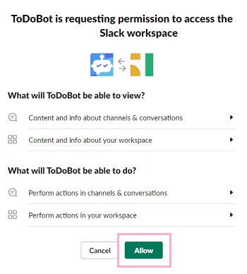 ToDoBotの連携画面の「Allow」ボタンをクリック