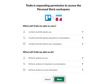 SlackからTrelloに対するアクセス情報の確認画面の「Allow」をクリック