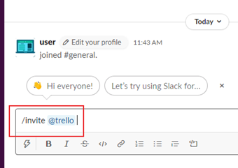 Trelloを追加したいチャンネルを選択した状態で「/invite @trello」を送信