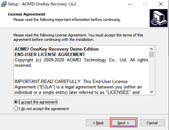 ライセンスの同意画面の[I accept the agreement]を選択して[Next]をクリック
