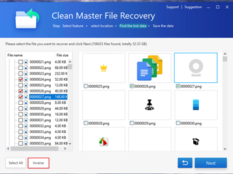 復元したいファイルにチェックを入れて[Inverse]をクリック→[Next]をクリック