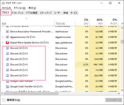 タスクマネージャーウィンドウの「プロセス」タブの「Discord.exe」を選択して「タスクの終了」をクリック