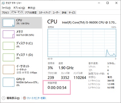 タスクマネージャーの「パフォーマンス」タブの「CPU」項目の「稼働時間」を確認