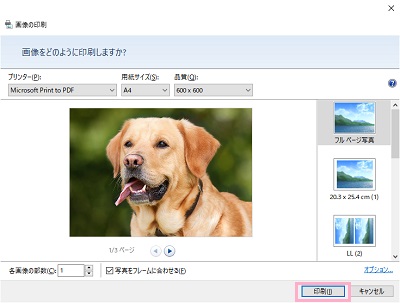 印刷ウィンドウで印刷条件を指定してから「印刷」をクリック