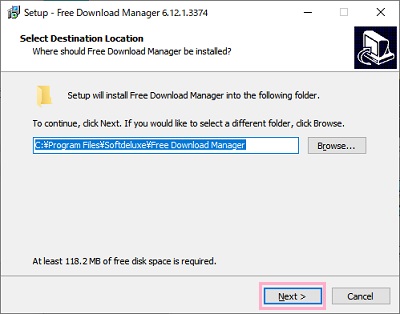 インストール先フォルダの選択画面