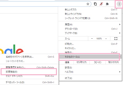 メニューを開き、「その他のツール」→「拡張機能」をクリック