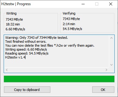 書き込みにかかった時間（Writing）と検査時間（Verifying）の表示
