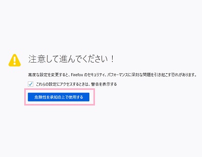「注意して進んでください！」の画面の「危険性を承知の上で使用する」ボタンをクリック