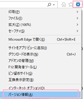 設定ボタンをクリックしてメニューを開き「バージョン情報」をクリック