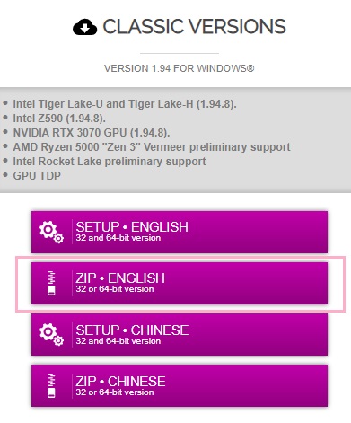 「CPUID」の「ZIP・ENGLISH」ボタンをクリック
