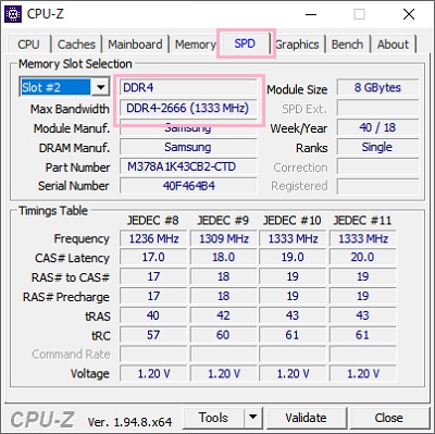 CPU-Zの「SPD」タブの「Slot」のプルダウンメニューをクリックして各スロットを確認