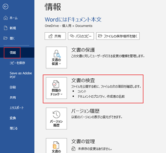 ファイルメニューを開き、[情報]を選択→[文章の検査]をクリック