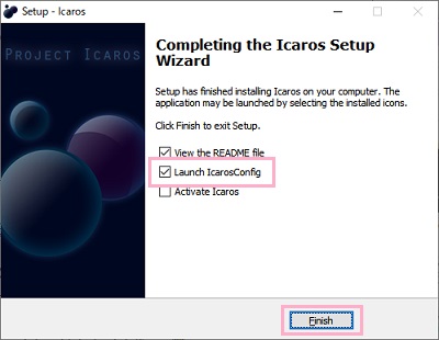 「Launch IrarosConfig」のチェックボックスをオンにして「Finish」をクリック