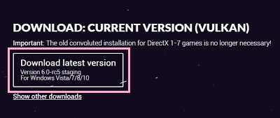 「DOWNLOAD: CURRENT VERSION (VULKAN)」項目の「Download latest version」ボタンをクリック