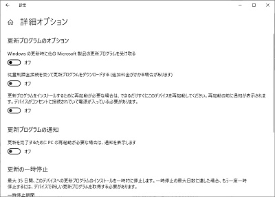 詳細オプションの「更新プログラムをインストール...」と「更新を完了する...」をオフにする