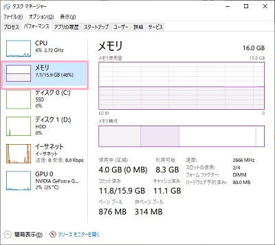 メニューの「メモリ」をクリック