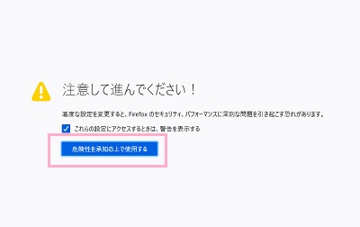 「注意して進んでください！」画面で「危険性を承知の上で使用する」をクリック