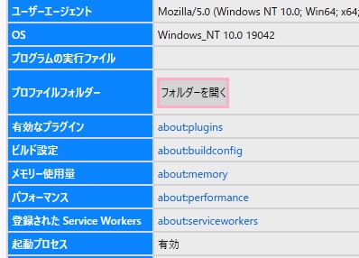 「プロファイルフォルダー」項目にある「フォルダーを開く」ボタンをクリックし