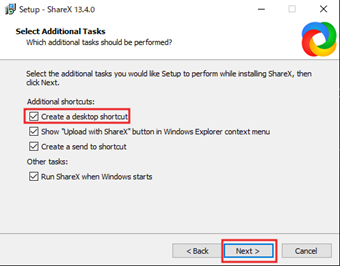 デスクトップにショートカットアイコンを作成するか選択
