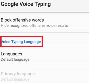 『Voice Typing Language』をタップ