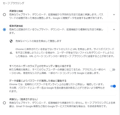 「セーフブラウジング」の項目