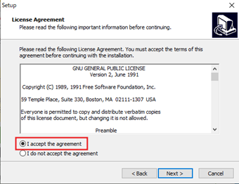 ライセンス画面の[I accept the agreement]を選択して[Next]をクリック