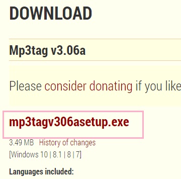 MP3tagの公式ページの「mp3tagv306setup.exe」をクリック