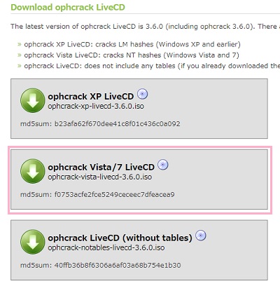 「ophcrack Vista/7 LiveCD」のダウンロードボタンをクリック