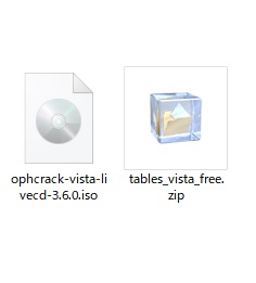 「ophcrack-vista-livecd-3.6.0.iso」と「tables_vista_free.zip」のアイコン