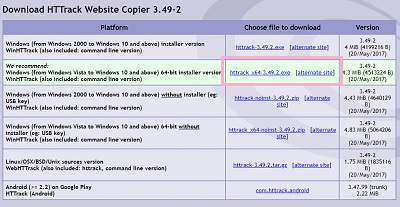 「httrack_x64-3.49.2.exe」のダウンロードリンクをクリック