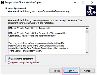 「I accept the agreement」を選択し「Next」をクリック