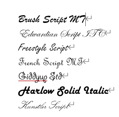 様々な筆記体フォントの例