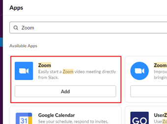 検索ボックスに[Zoom]と入力し、Zoomの[Add]をクリック