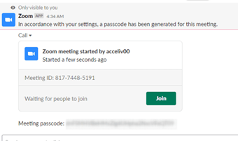 Zoomのパスコード付きルームが自動的に作成された状態