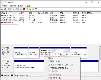 「Cドライブ」の部分を右クリック→メニュー「ボリュームの縮小」をクリック
