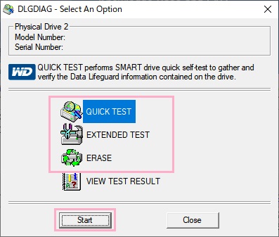 「QUICK TEST」・「EXTENDED TEST」・「ERASE」の3項目を上から順に選択して「Start」をクリック